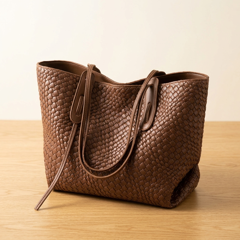Margo & Main – Tessara brown woven tote resting on a wooden table, three-quarter view