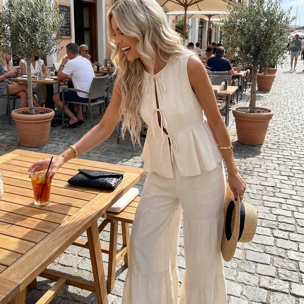 Linen-Style Peplum Top and Wide Leg Trouser Two Piece Set