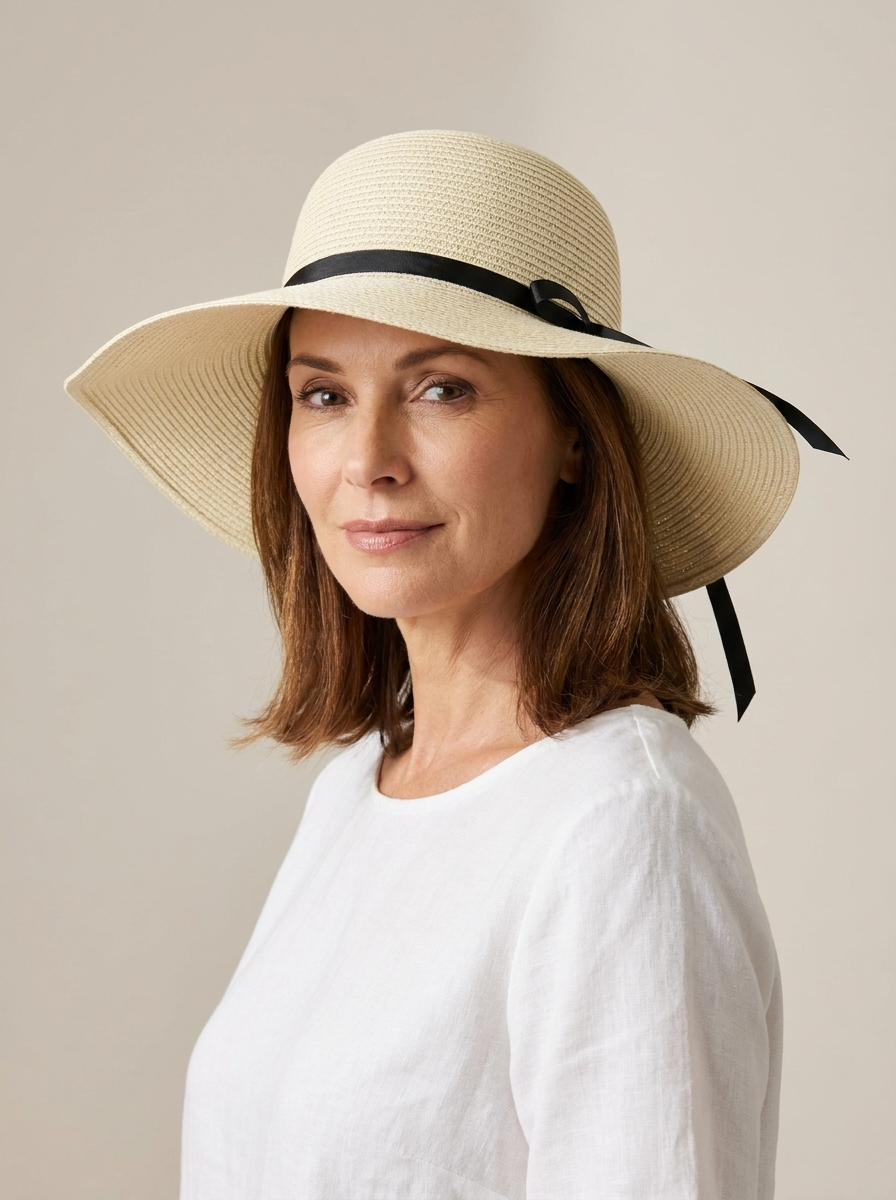 Faye Foldable Wide Brim Sun Hat in Beige worn by a confident woman in a clean studio setting.
