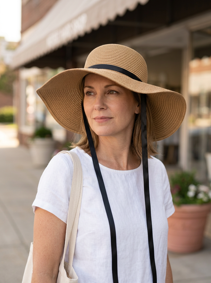 Faye Foldable Wide Brim Sun Hat in Khaki worn by a confident woman in an everyday lifestyle setting.