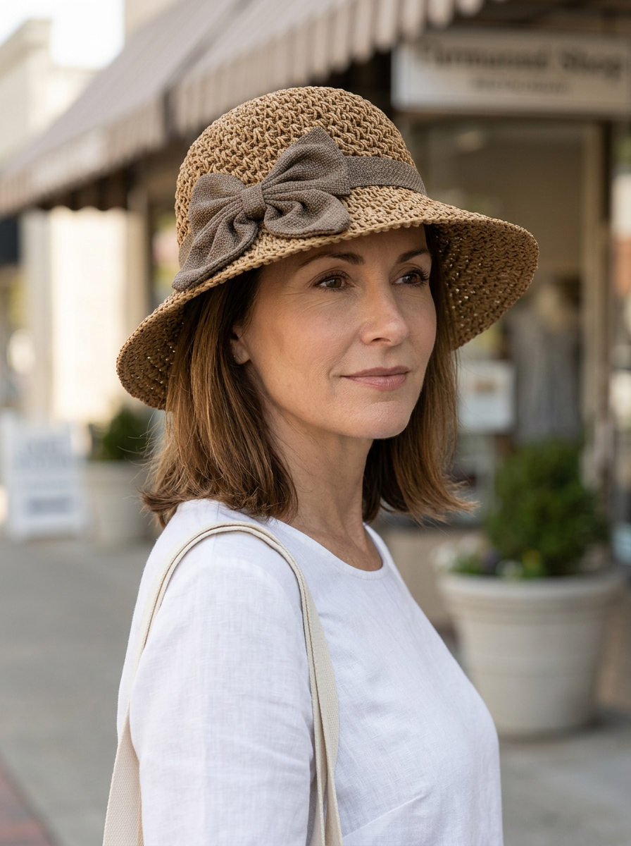 Hattie Elegant Straw Sun Hat With Bow in Khaki worn by a confident woman in an everyday lifestyle setting.