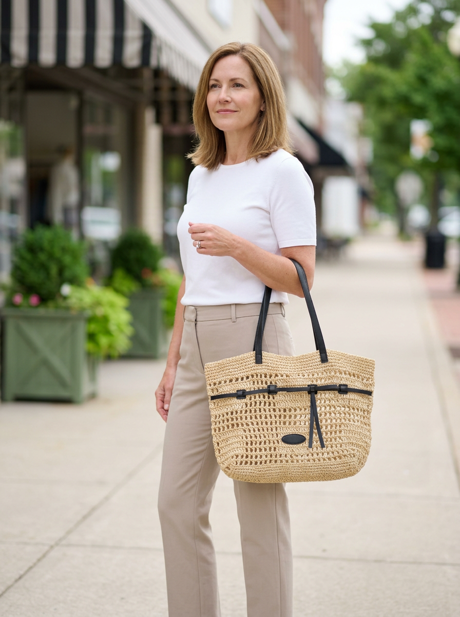 Marina Woven Tote Bag in Yellow carried by a confident woman in an everyday lifestyle setting.