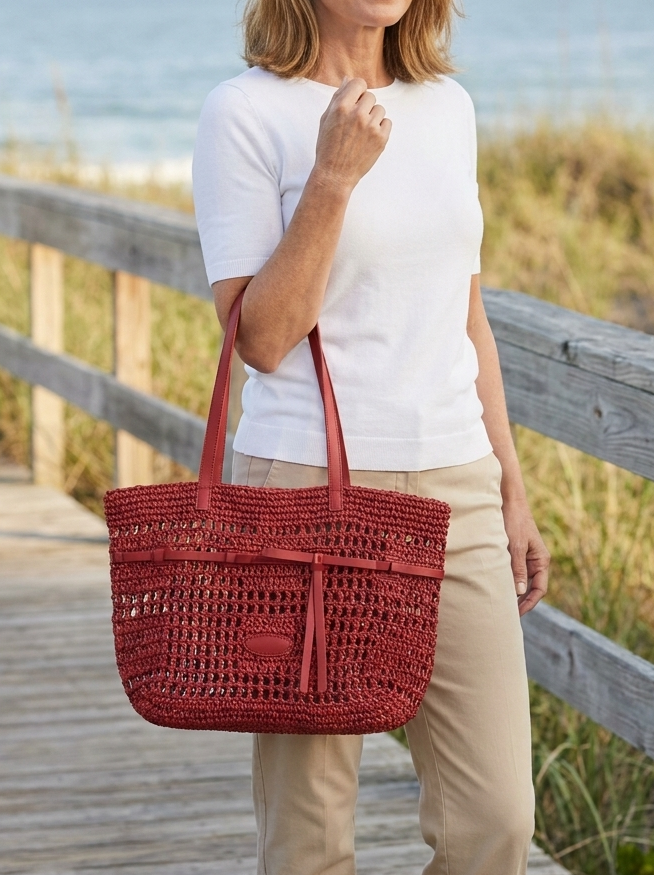 Marina Woven Tote Bag in Red carried by a confident woman in a coastal lifestyle setting.