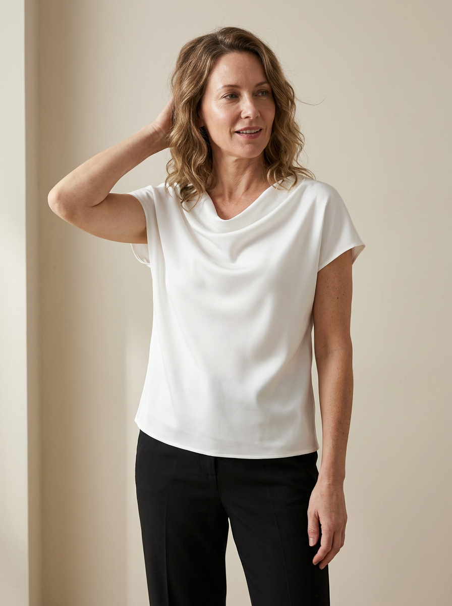 Laura Silky Satin Top in White worn by a confident woman in a clean studio setting.