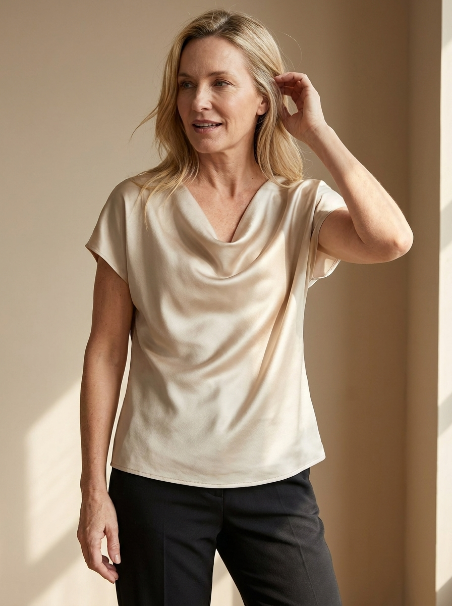 Laura Silky Satin Top in Champagne worn by a confident woman in a clean studio setting.