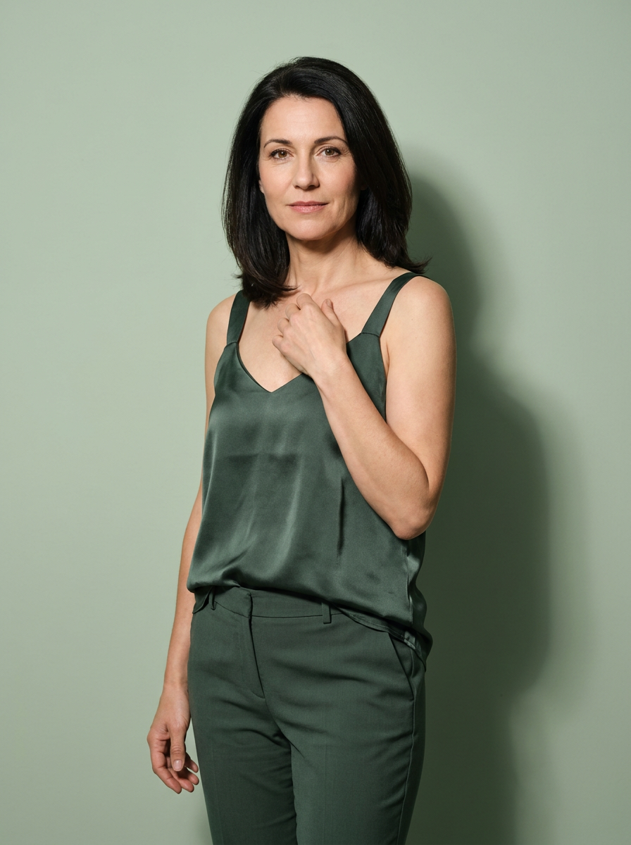 Eleanor Silky Satin Cami in Dark Green worn by a well-groomed woman in a studio portrait.