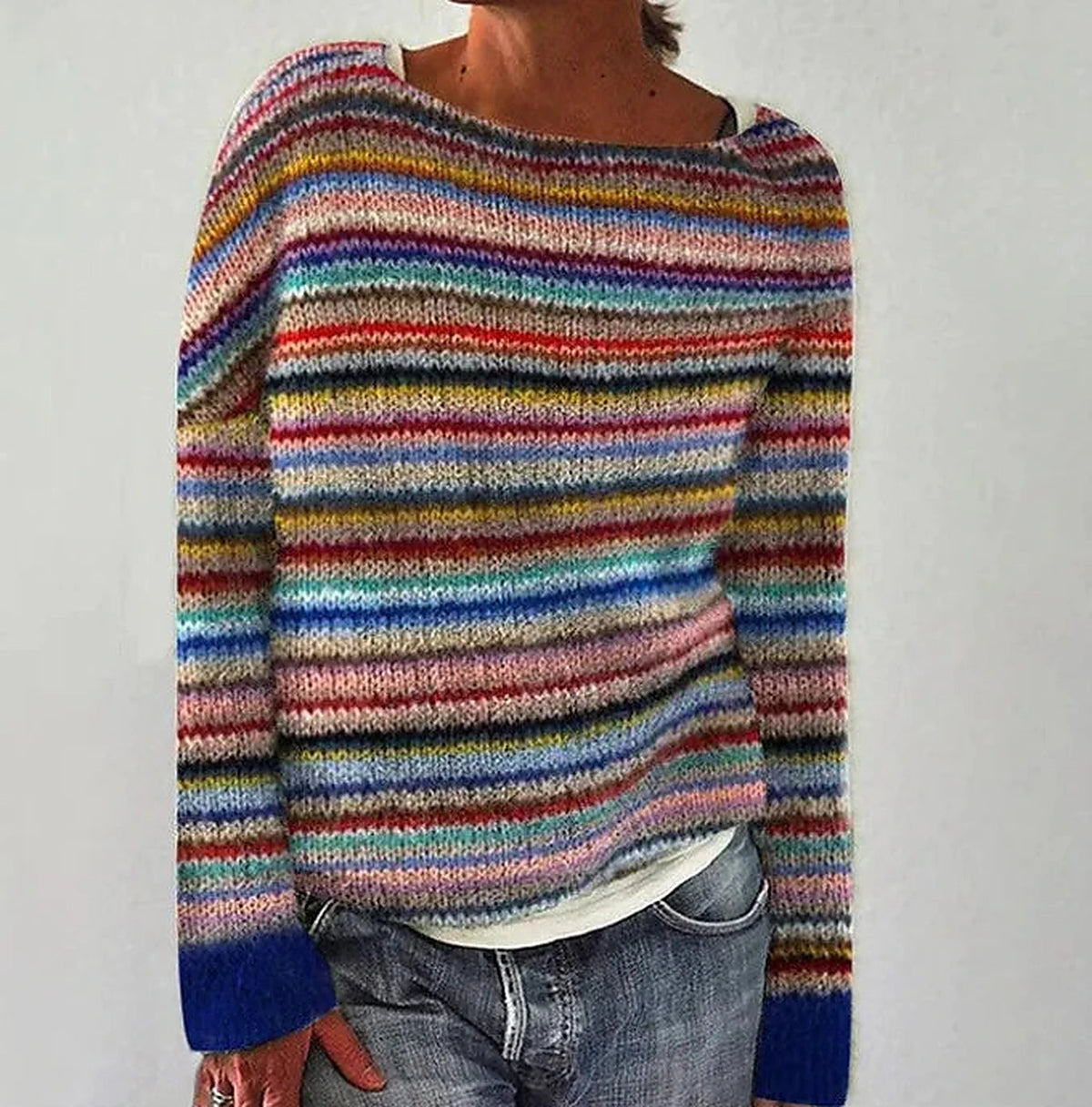 Margo & Main – gray Nordic yoke marled pullover sweater multicolor stripe view, US women's sizes