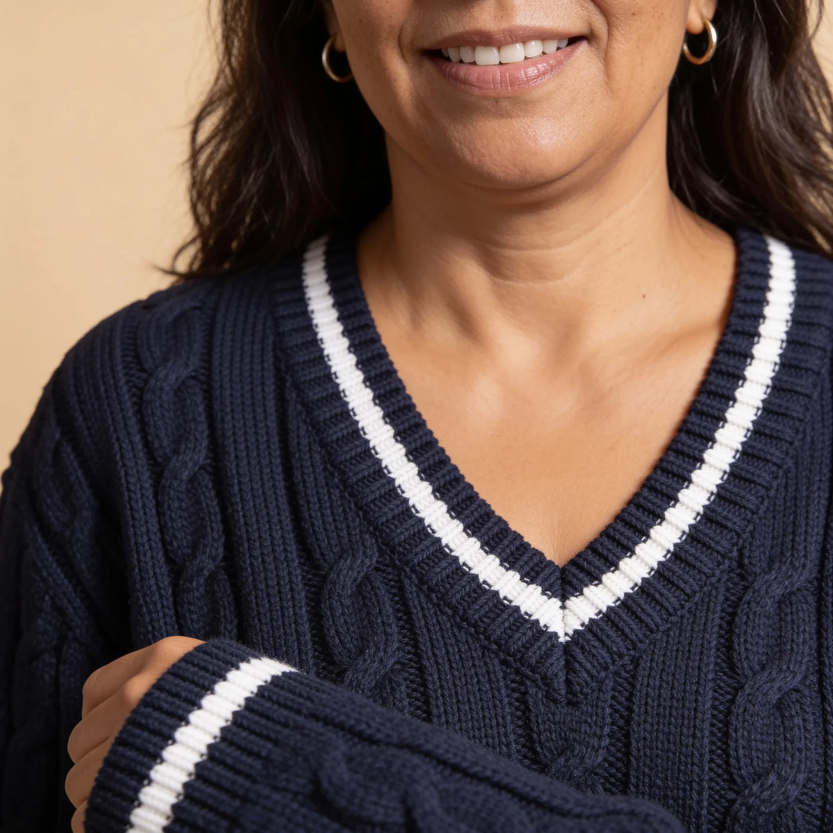 Margo & Main – Blanca navy cable knit V-neck sweater, close-up of white striped neckline and cuff trim, US women's sizes