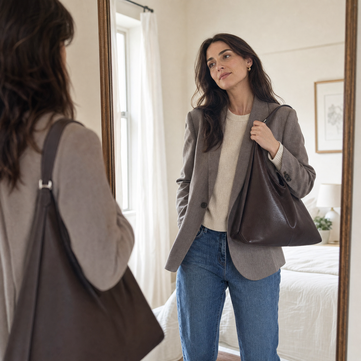 Margo & Main – Elspeth dark brown hobo bag worn crossbody with a grey blazer and jeans