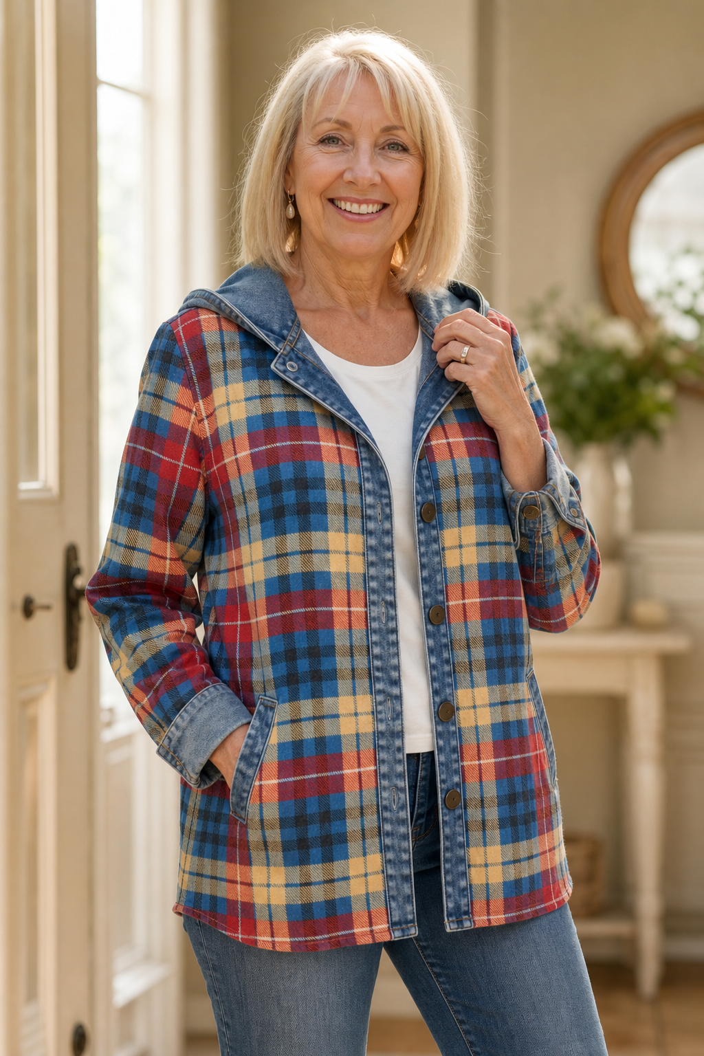 Corliss Hooded Plaid Shacket with Denim Trim