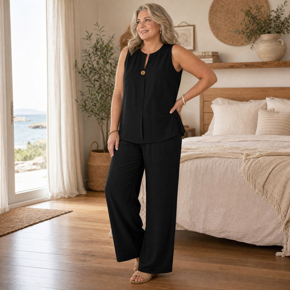 Margo & Main – Lunavia black sleeveless set with wide-leg pants, worn indoors, US women's sizes