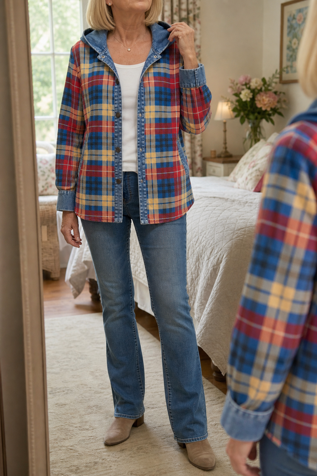 Corliss Hooded Plaid Shacket with Denim Trim