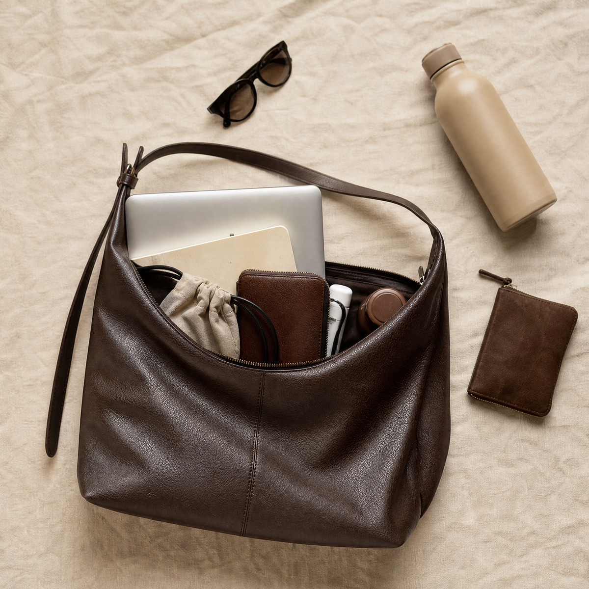 Margo & Main – Elspeth dark brown hobo bag flat lay with a tablet, wallet and water bottle