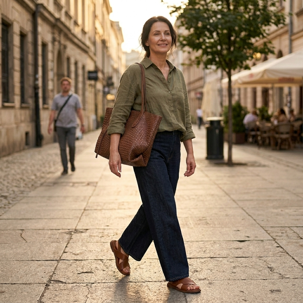 Margo & Main – Tessara brown woven tote worn on the shoulder walking down a street