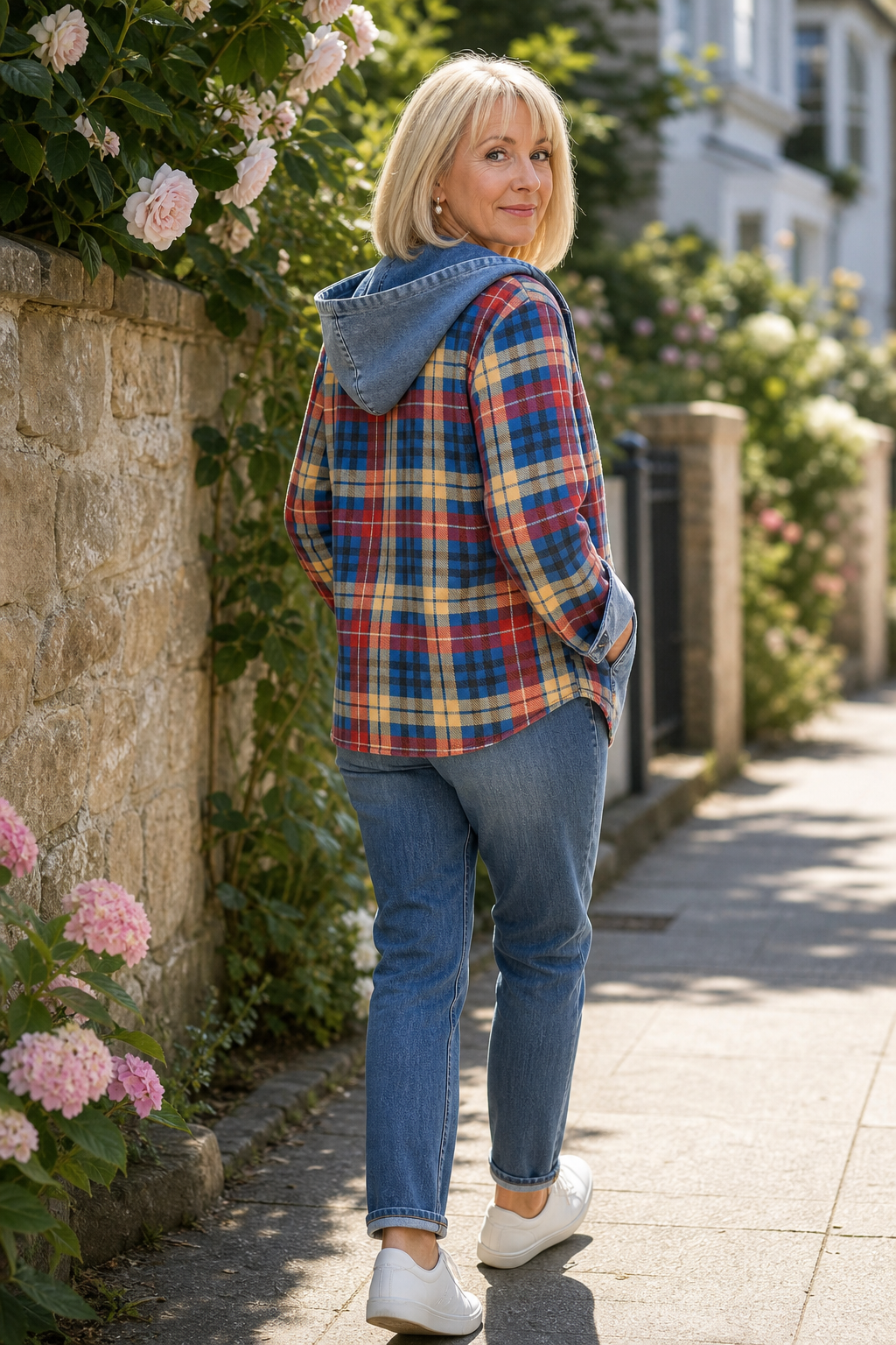 Corliss Hooded Plaid Shacket with Denim Trim