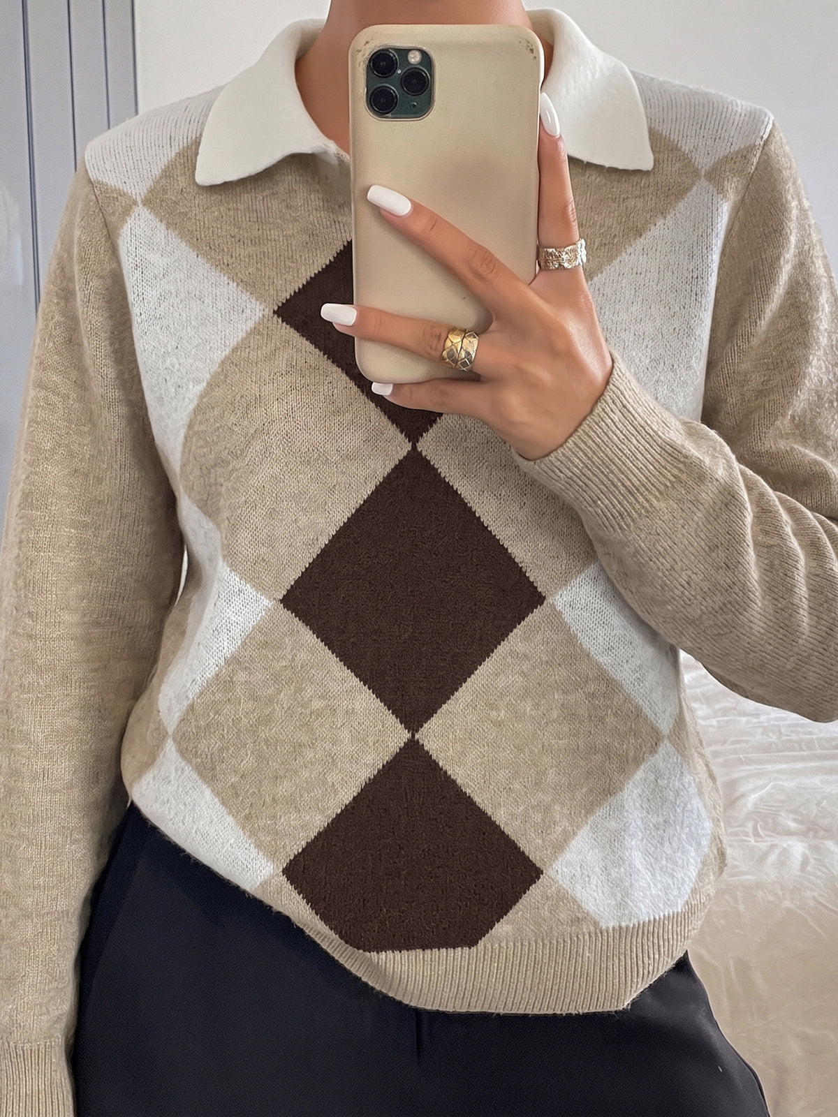 Margo & Main taupe argyle polo collar knit sweater — close view of the argyle pattern and collar