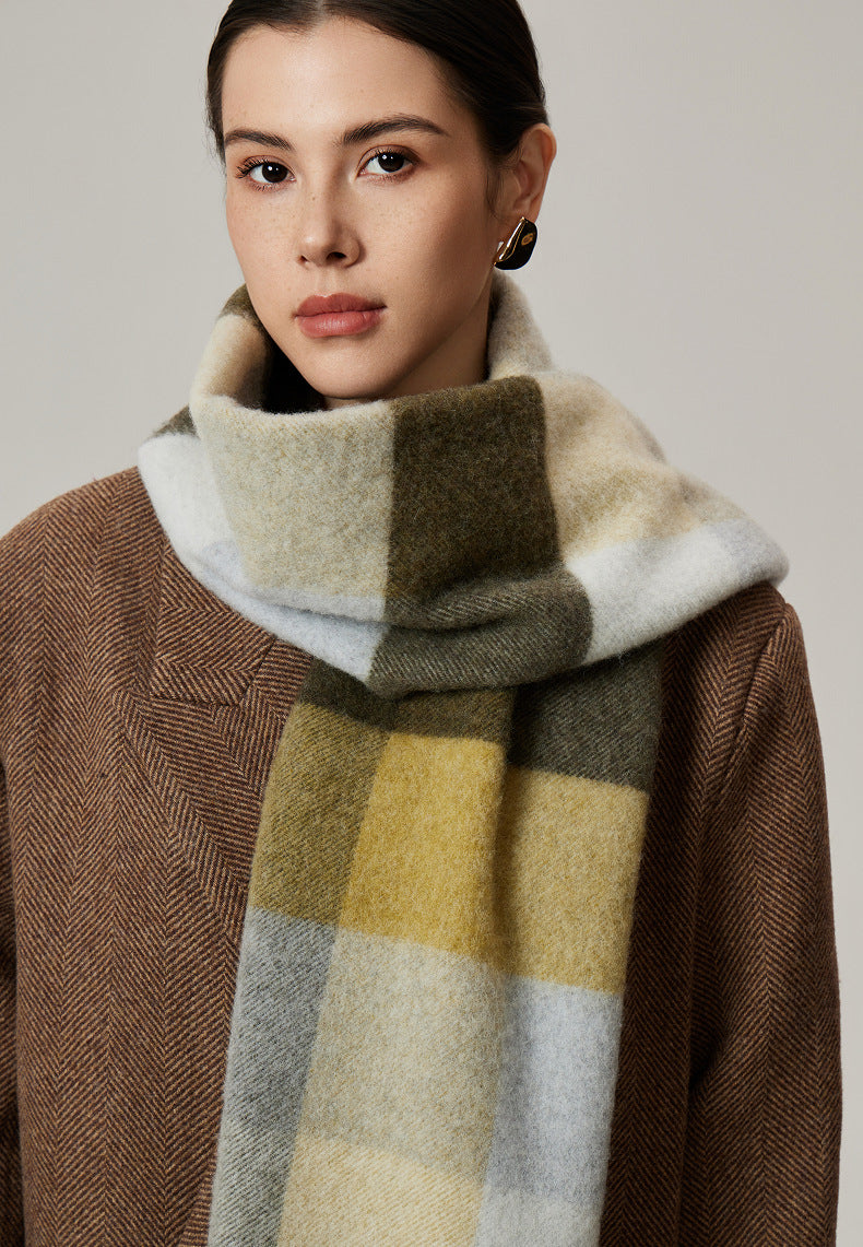 Margo & Main green brushed plaid wool scarf — close-up of the green, yellow and gray blocks