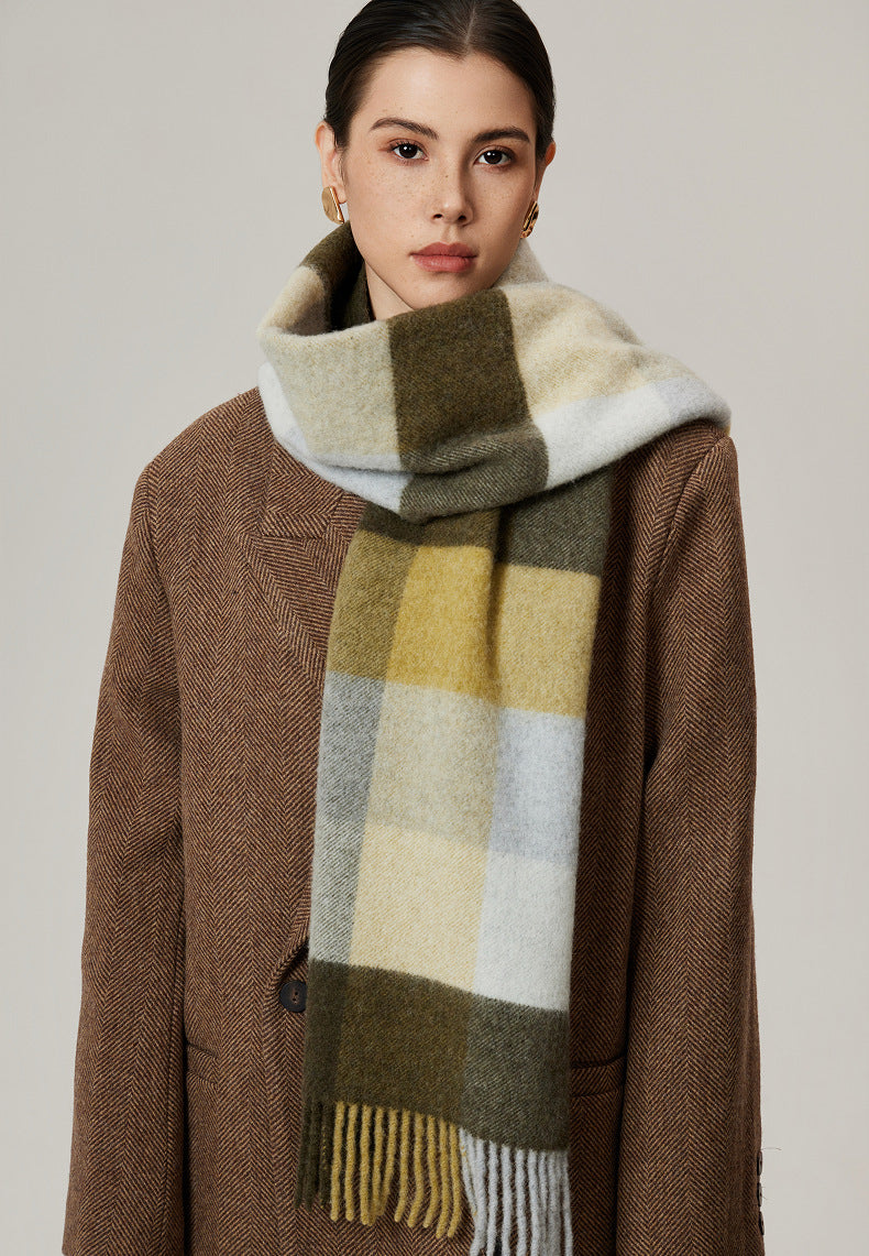 Margo & Main olive brushed plaid wool scarf — front view of the olive and yellow blocks