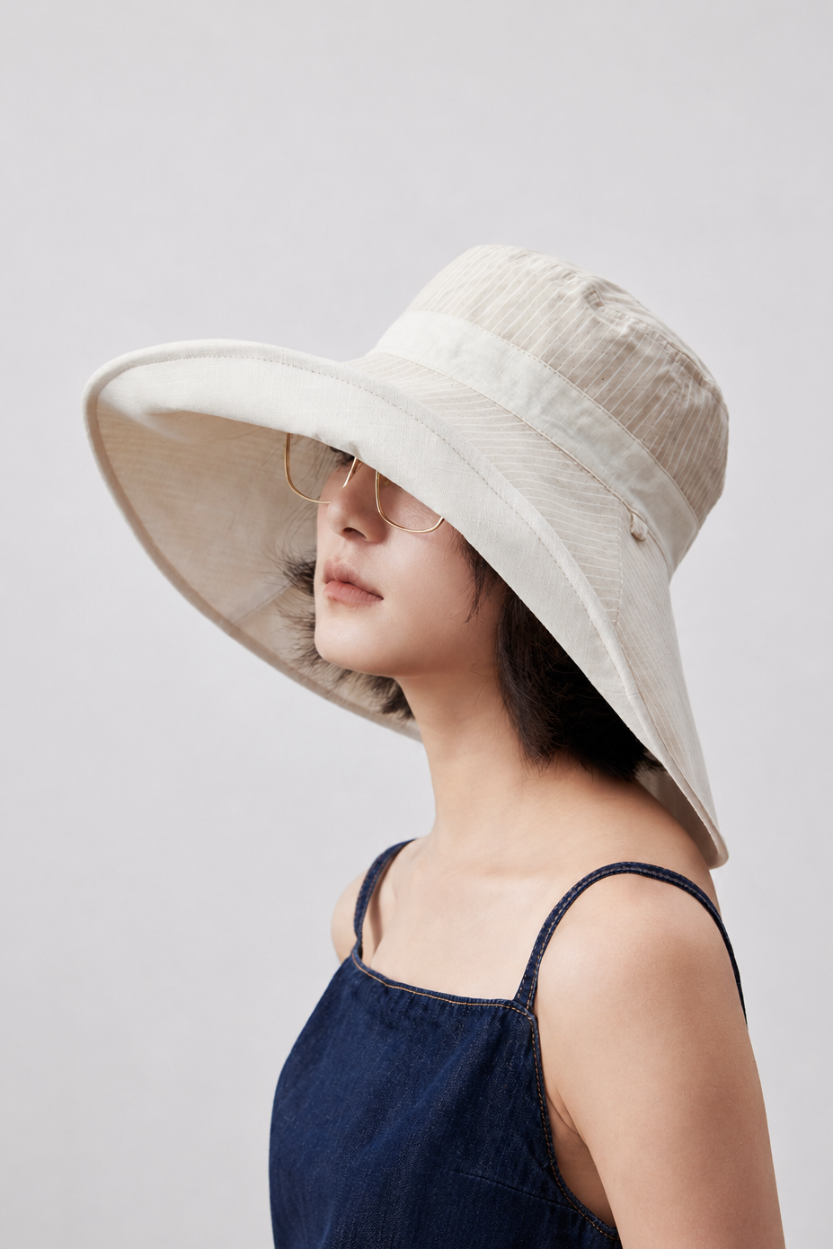 Margo & Main – Carmela beige reversible foldable sun hat in side profile, brim lifted to show the fine stripe on the reverse face