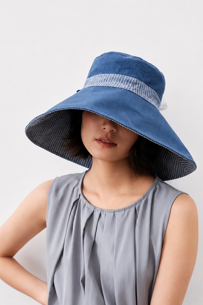 Margo & Main – Carmela blue reversible wide-brim sun hat worn plain side out, front view with a striped woven band
