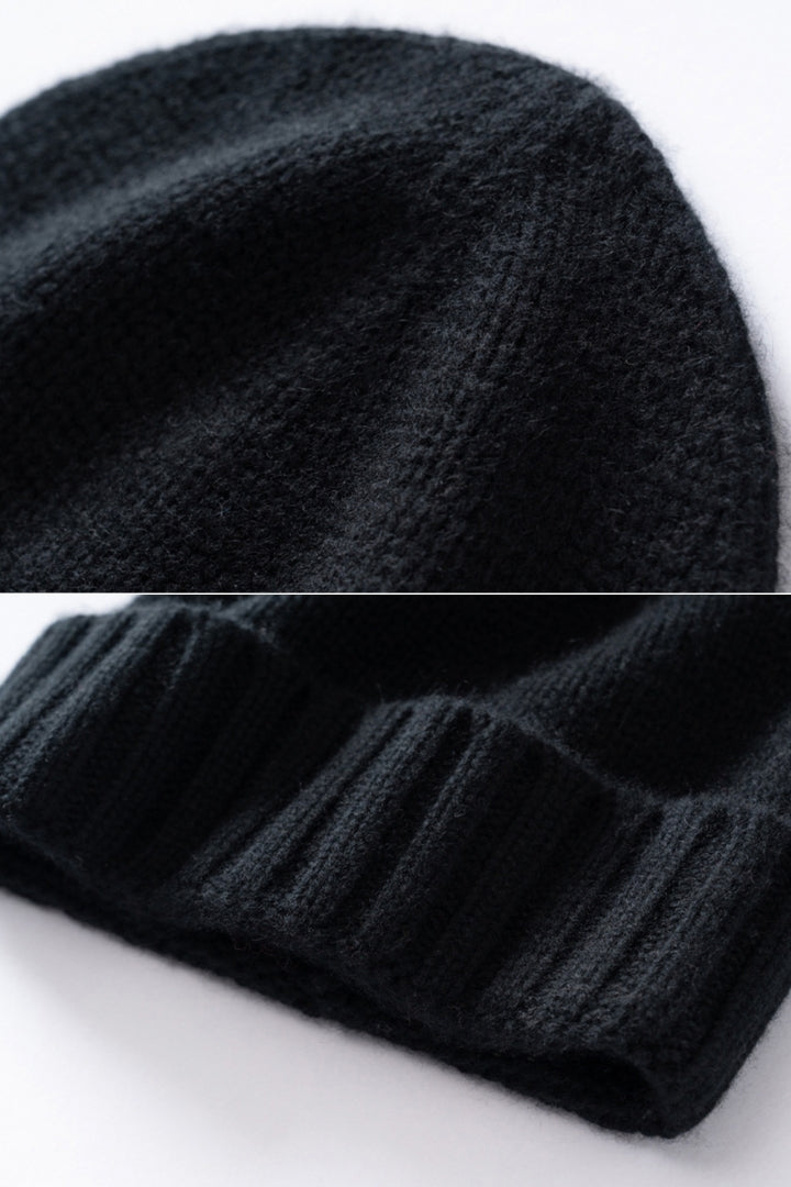Margo & Main black ribbed cashmere fisherman beanie — close-up of the knit crown and folded ribbed cuff