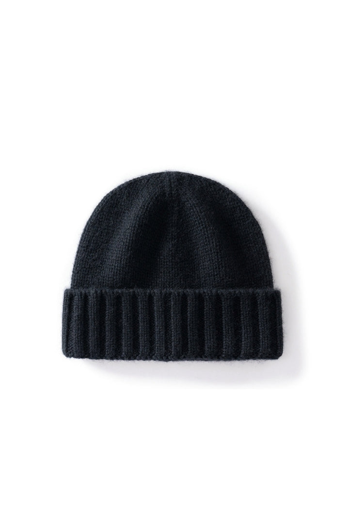 Margo & Main black ribbed cashmere fisherman beanie — front view of the knit crown and ribbed cuff