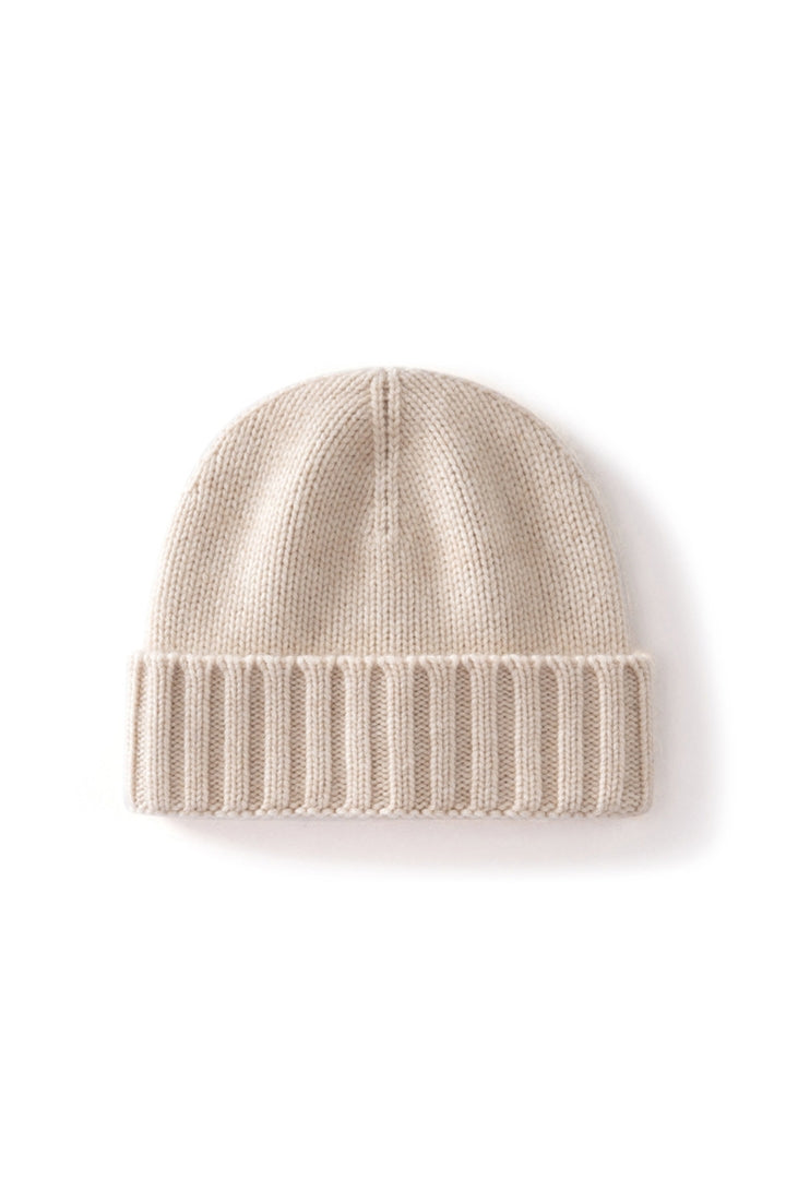 Margo & Main ivory ribbed cashmere fisherman beanie — front view of the knit crown and wide ribbed cuff