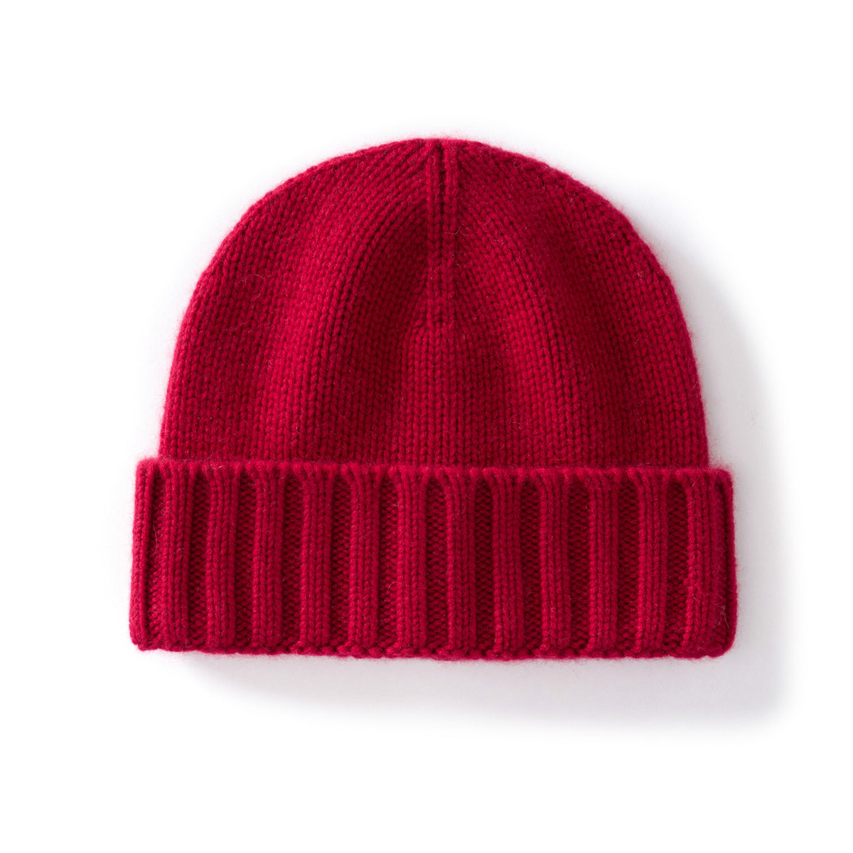 Margo & Main red ribbed cashmere fisherman beanie — angled view of the fold-over cuff and knit crown