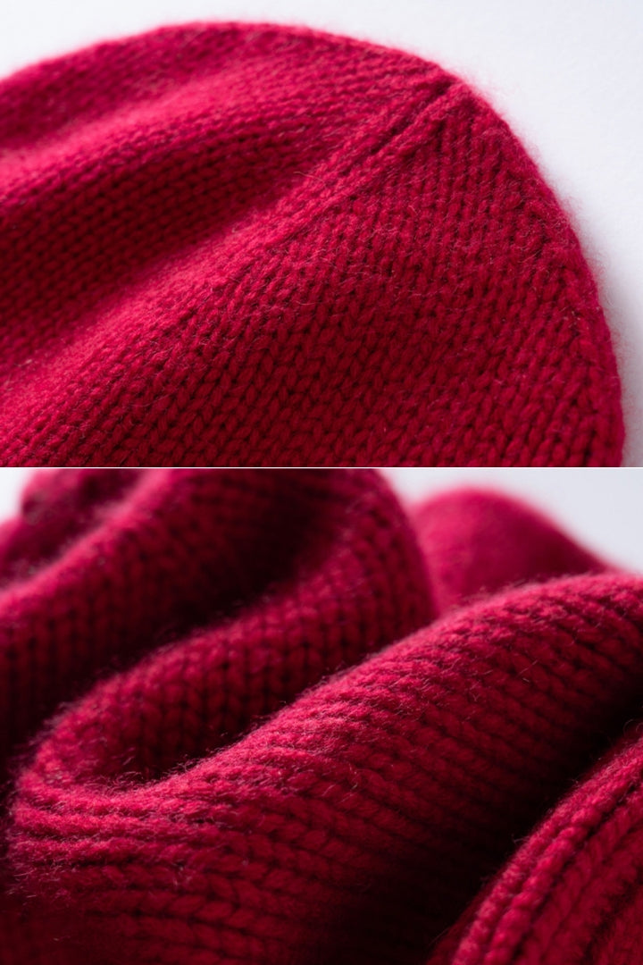 Margo & Main red ribbed cashmere fisherman beanie — close-up of the knit crown and soft ribbed cuff
