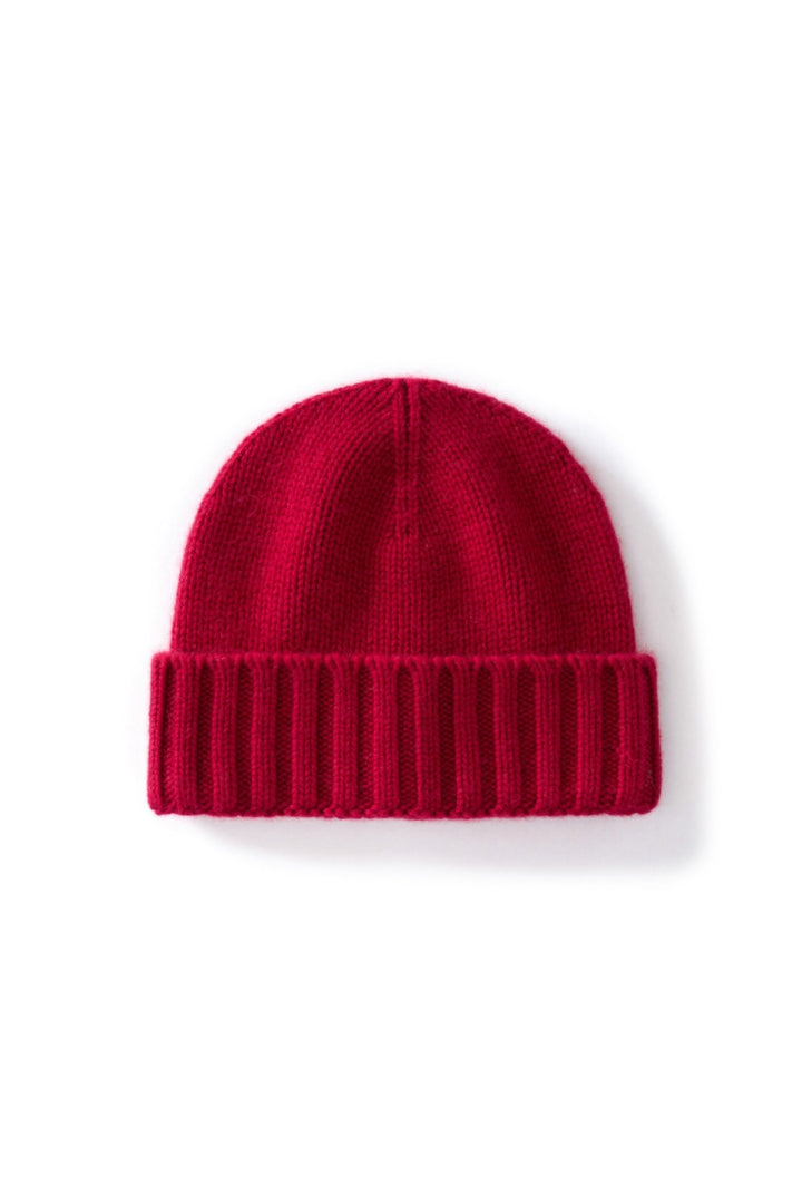 Margo & Main red ribbed cashmere fisherman beanie — front view of the knit crown and wide ribbed cuff