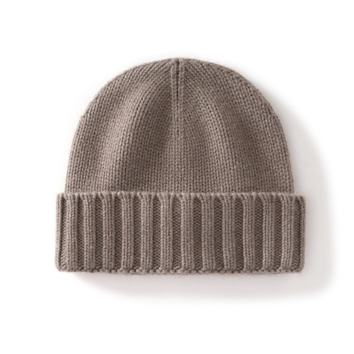 Margo & Main taupe ribbed cashmere fisherman beanie — angled view of the wide fold-over ribbed cuff