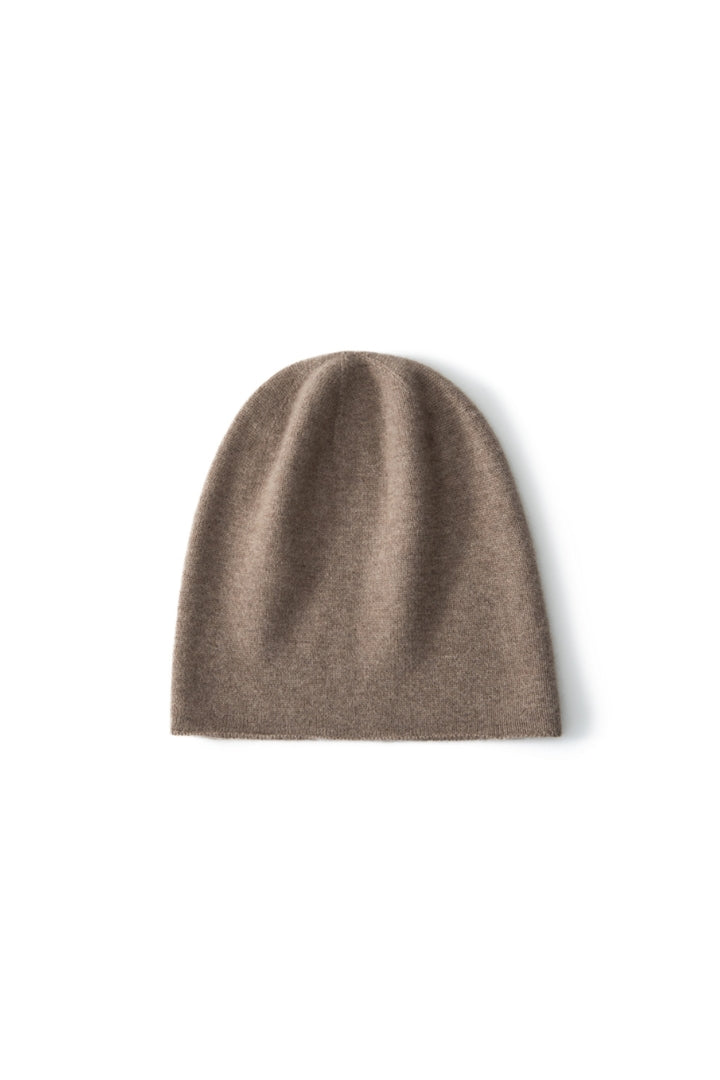 Margo & Main taupe cashmere slouchy beanie — front view of the fine knit and relaxed crown