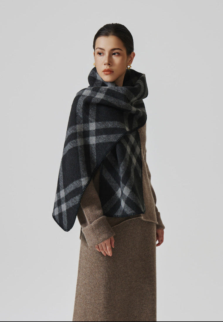 Margo & Main black check scarf — front view wrapped high with the checked ends falling long