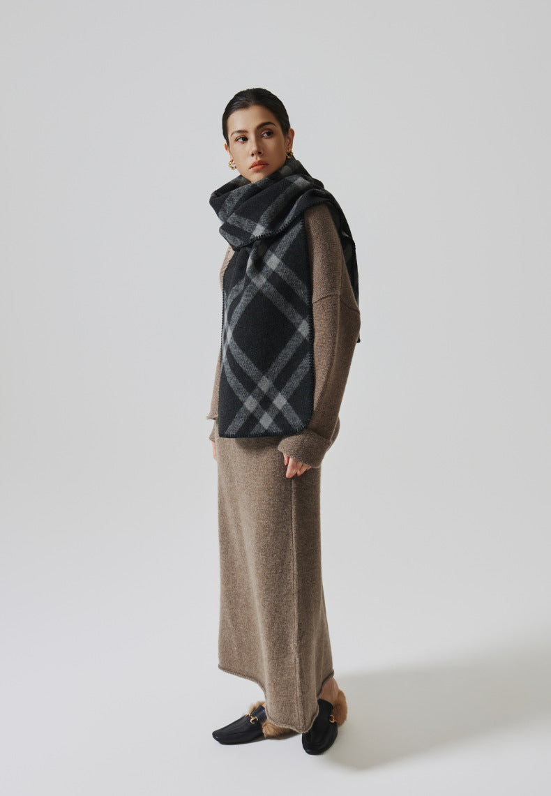Margo & Main black check scarf — full-length view styled over a camel knit outfit