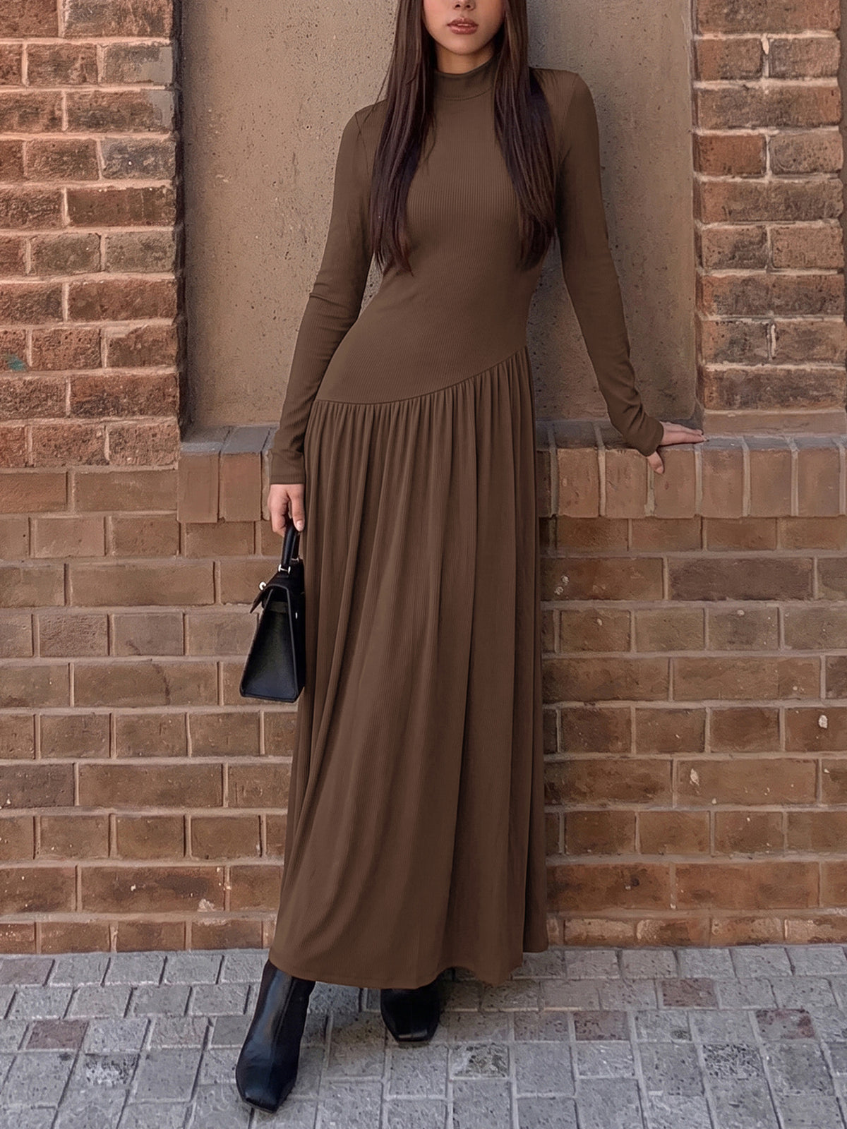 Margo & Main brown mock neck drop-waist long sleeve maxi dress — front view with boots, US women's sizes