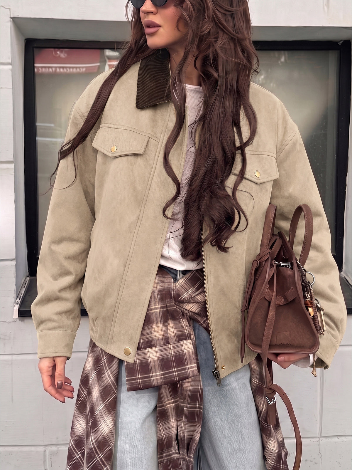 Margo & Main beige faux suede corduroy-collar jacket — styled over a flannel shirt with a bag