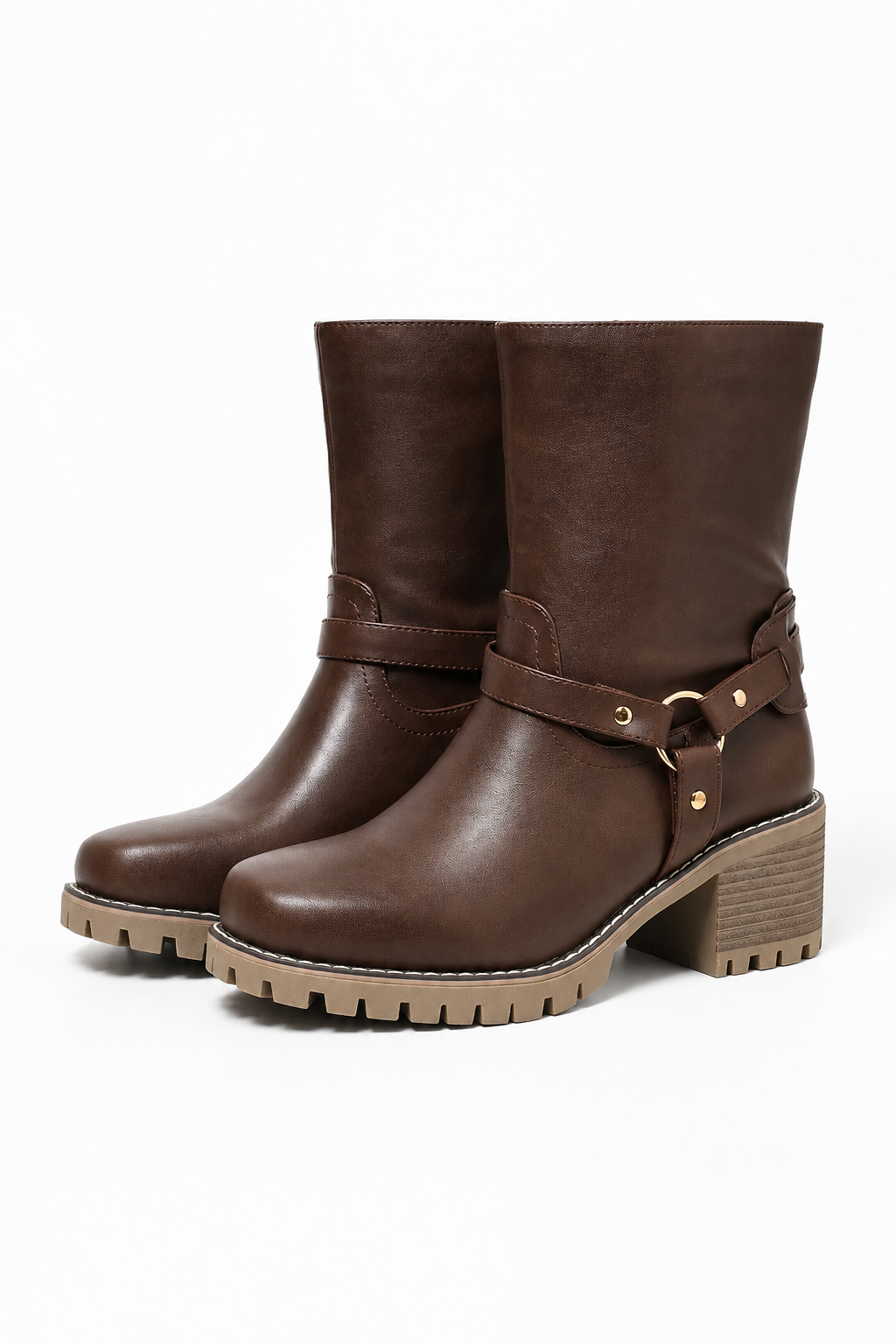 Margo & Main brown harness strap mid-calf riding boots — pair view of the ring harness and block heel