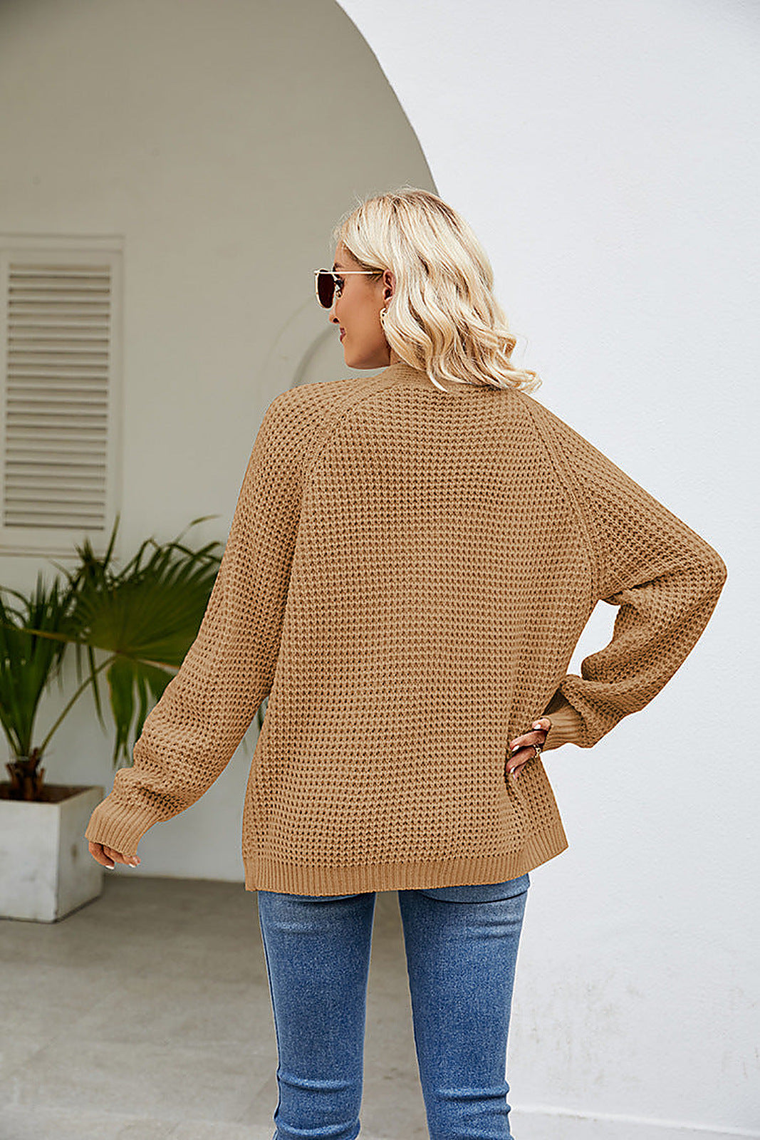 Margo & Main – waffle knit open front cardigan, styled view, US women's sizes