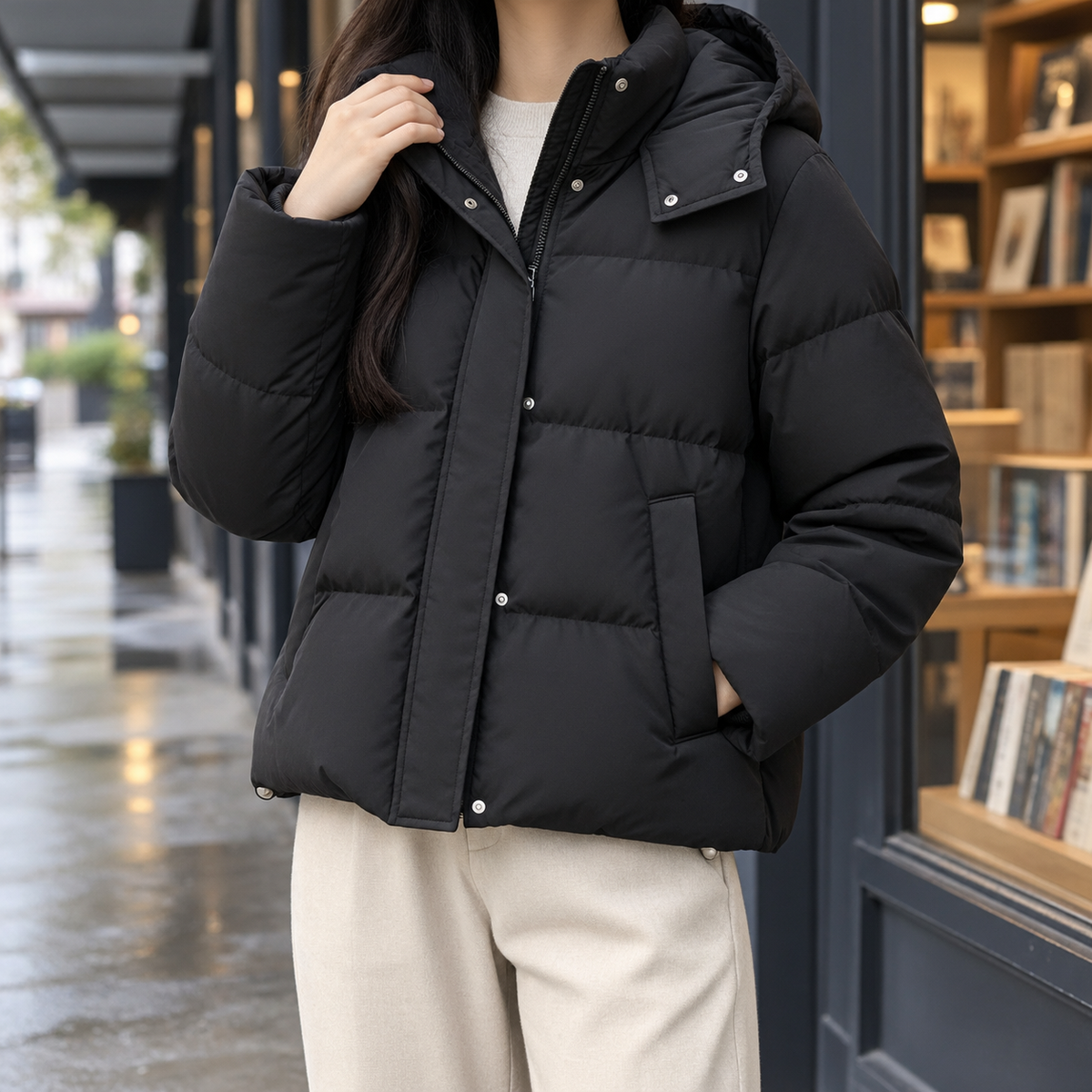 Margo & Main black hooded puffer jacket — front view with the hood up and snap placket, US women's sizes