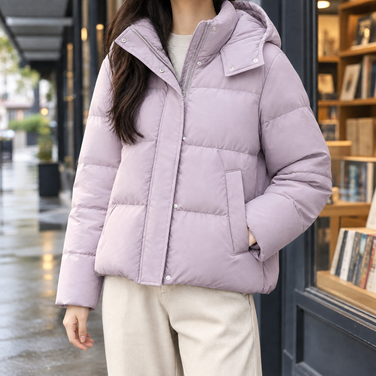 Margo & Main lilac hooded puffer jacket — front view of the padded stand collar, US women's sizes