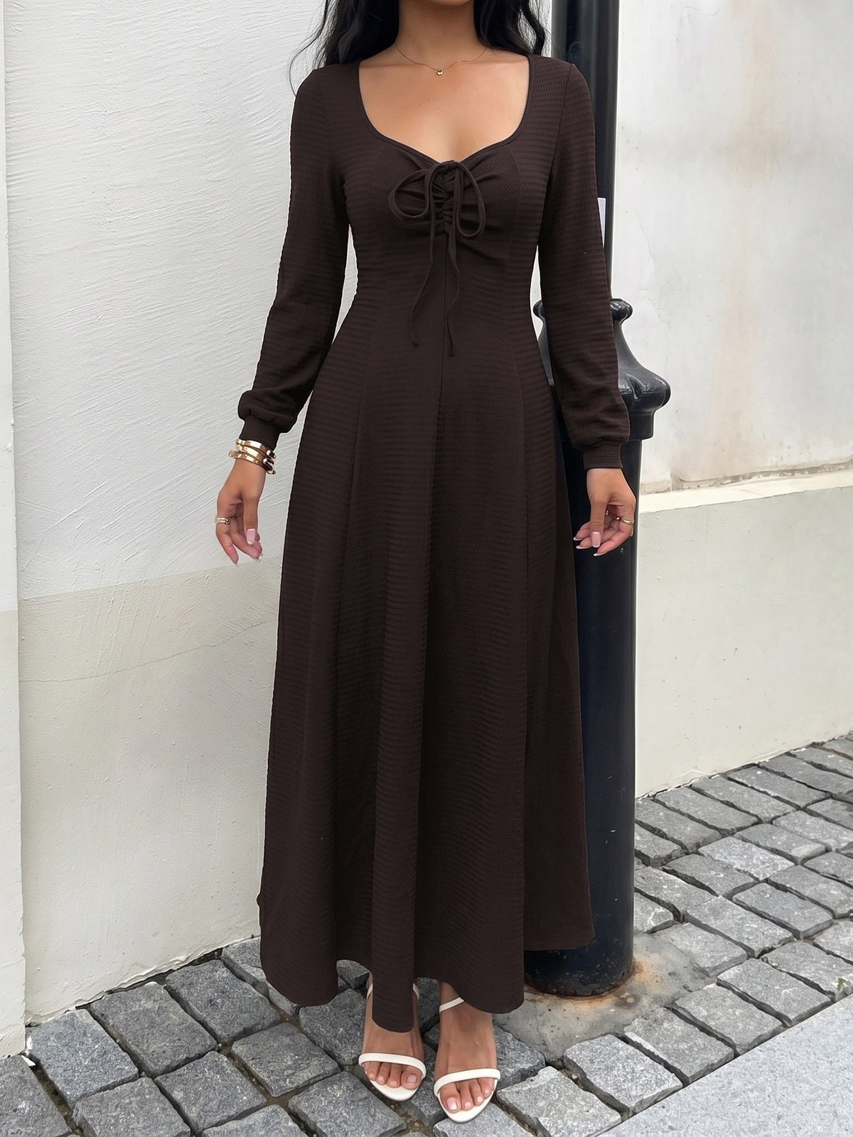 Margo & Main chocolate textured knit maxi dress — front view with lace-up neckline, US women's sizes