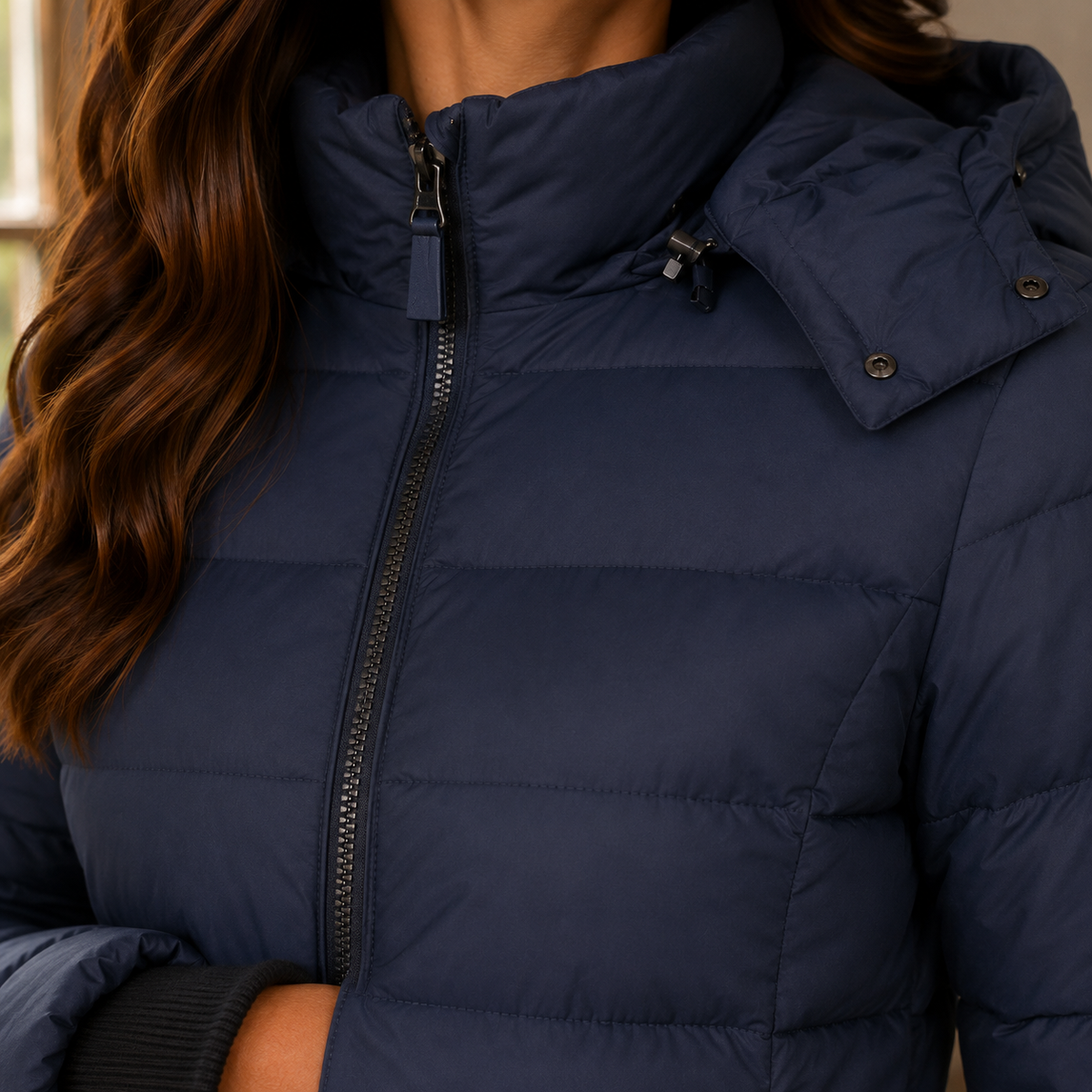 Margo & Main navy longline puffer coat — close-up of the two-way zip and storm flap, US women's sizes