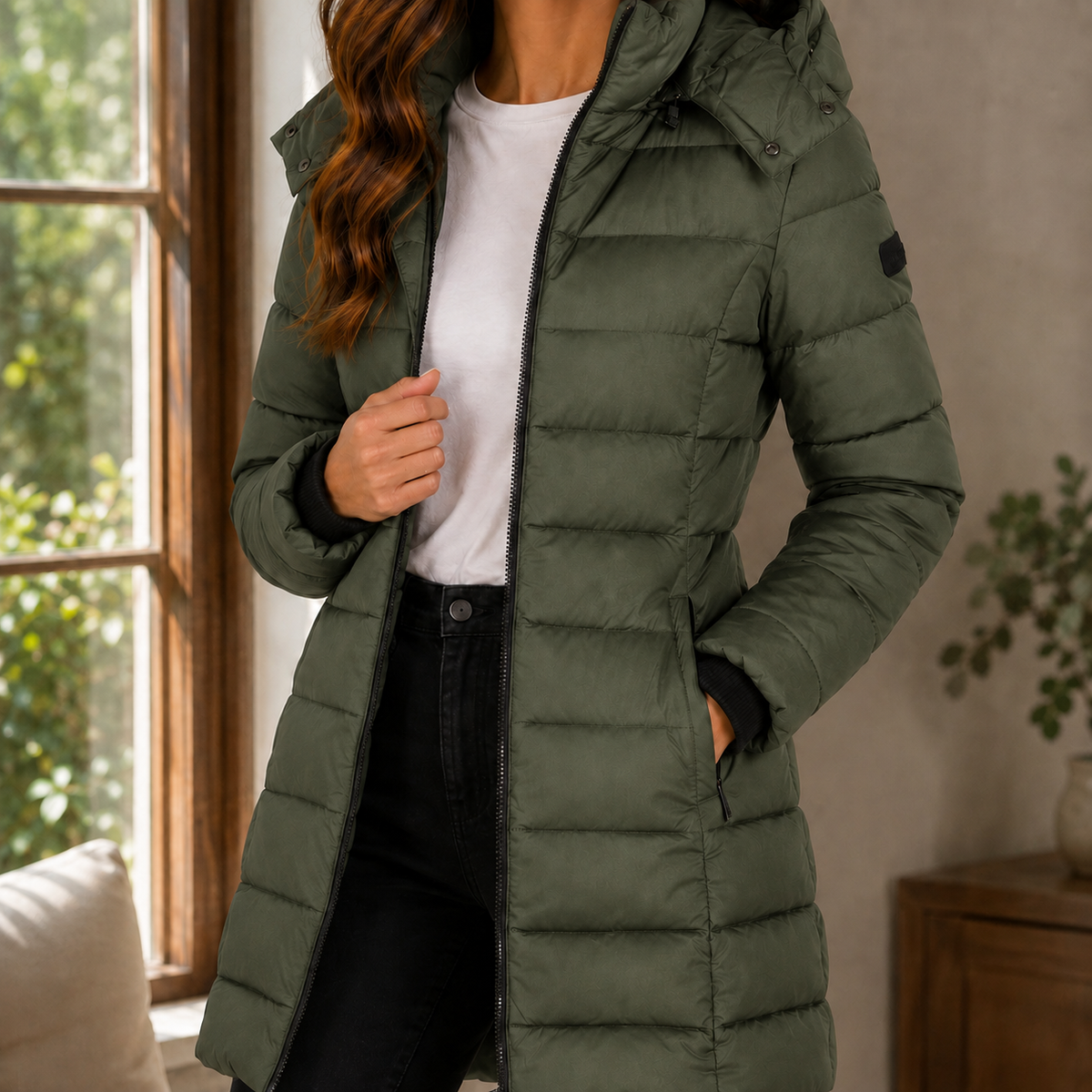 Margo & Main olive longline puffer coat — front view with the hood turned up, US women's sizes