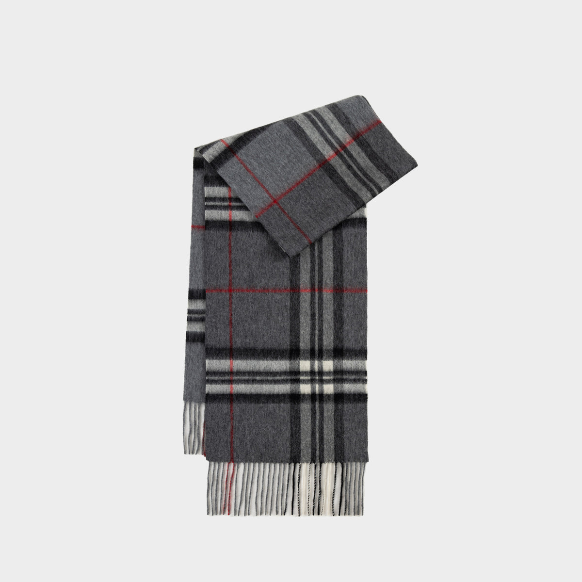 Margo & Main gray plaid lamb wool scarf — folded shot of the gray plaid with red check lines