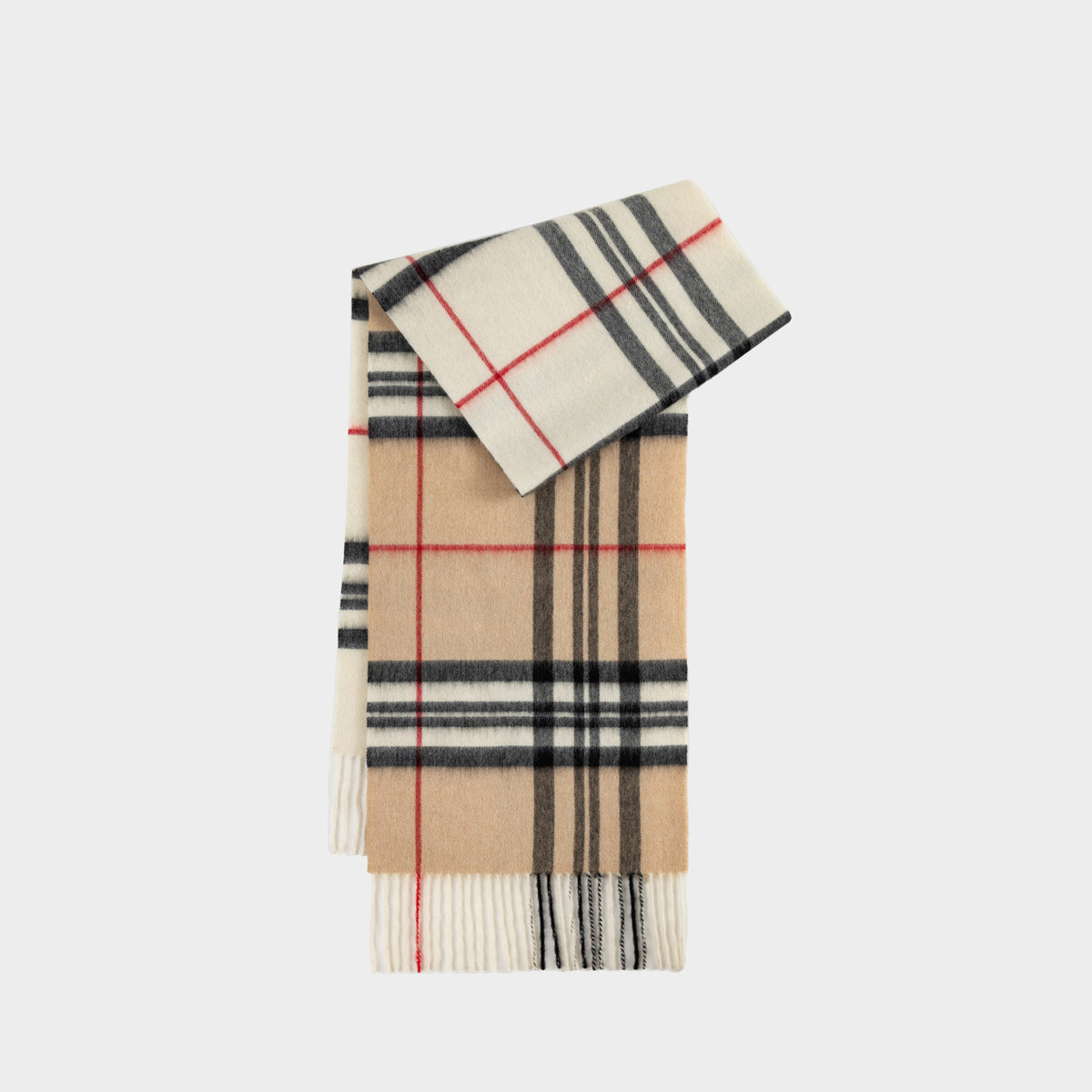 Margo & Main ivory plaid lamb wool scarf — folded shot of the ivory plaid and soft fringed hem