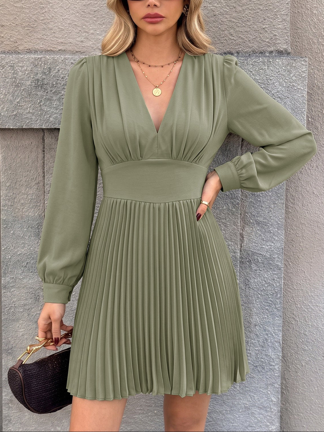 Margo & Main green pleated V-neck long sleeve mini dress — front view with gathered bodice, US women's sizes