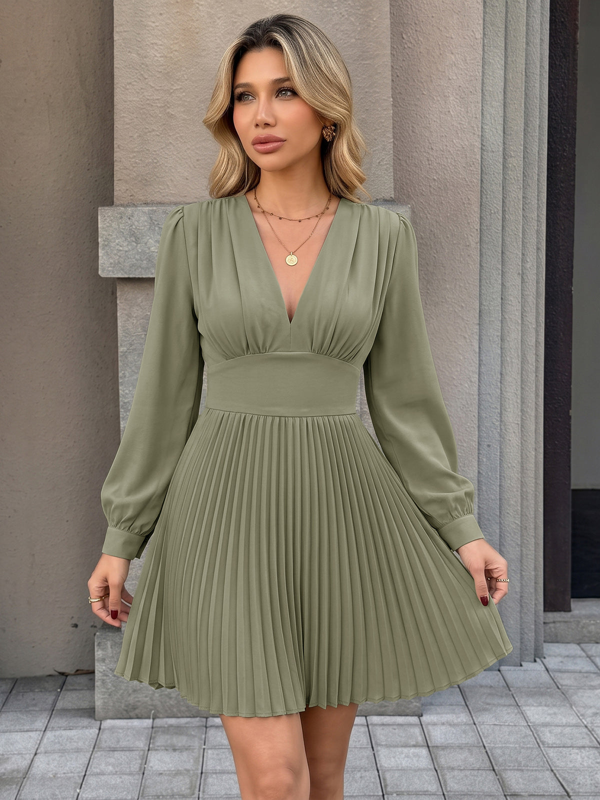Margo & Main green pleated V-neck long sleeve mini dress — full-length front view, US women's sizes