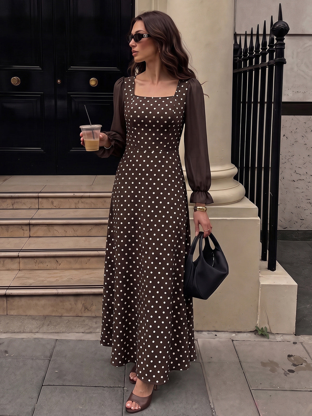 Margo & Main brown polka dot maxi dress — full-length front view of the fitted bodice, US women's sizes