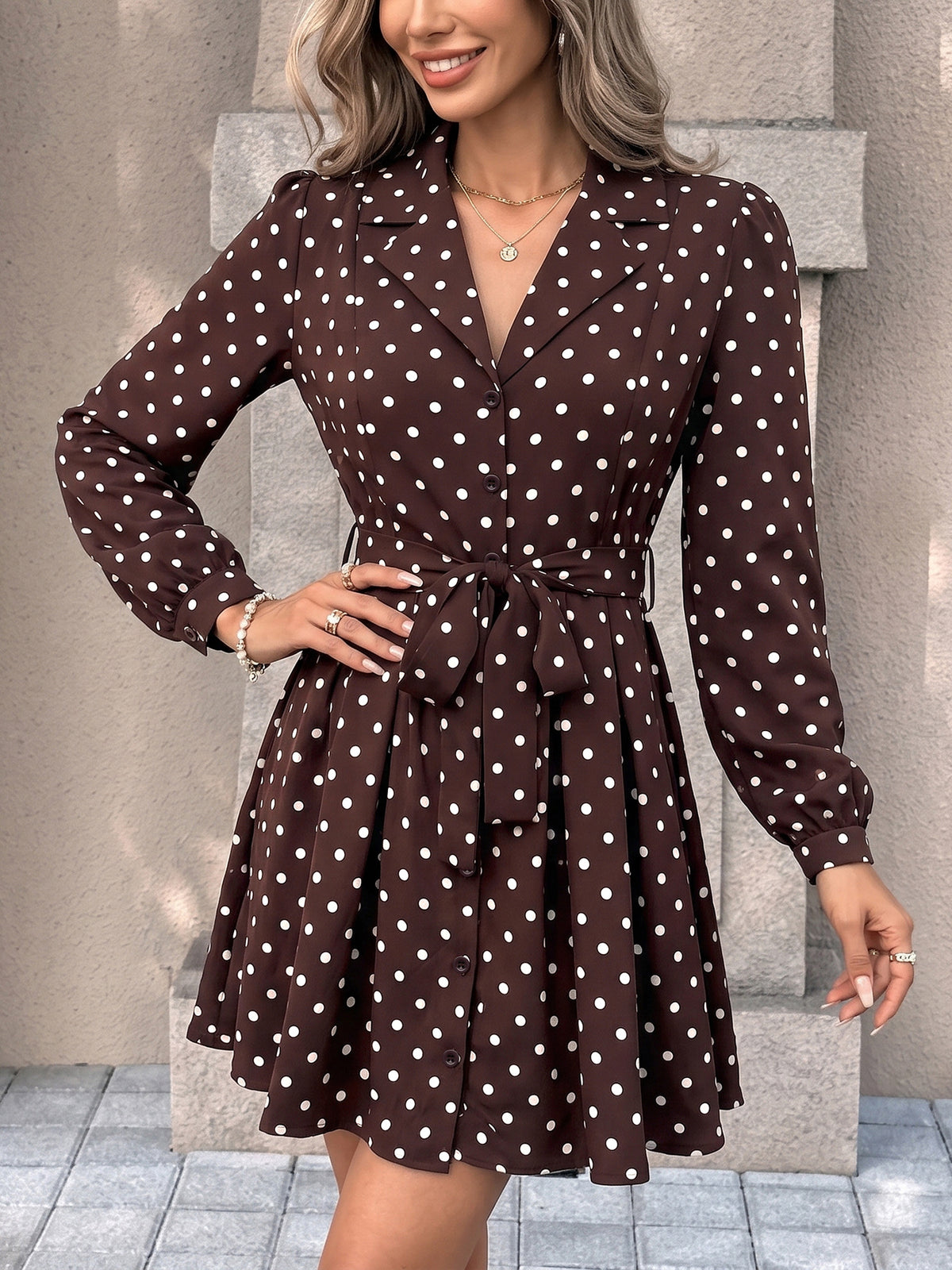 Margo & Main brown polka dot collared belted mini dress — front view with tie belt, US women's sizes