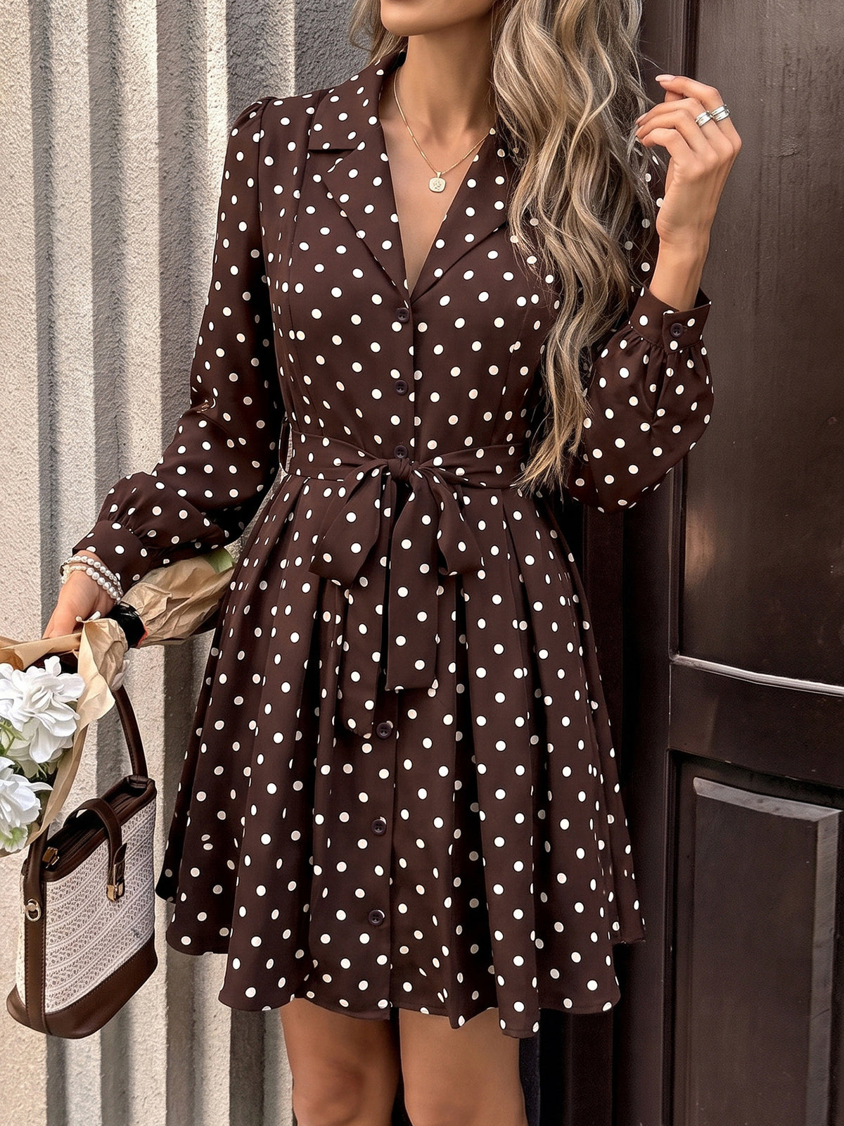 Margo & Main brown polka dot collared belted mini dress — styled with a striped handbag, US women's sizes